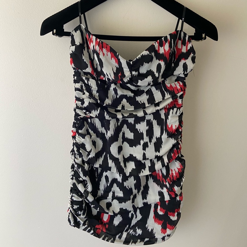 Strapless Ruched Bodycon Dress Red Accents Size S